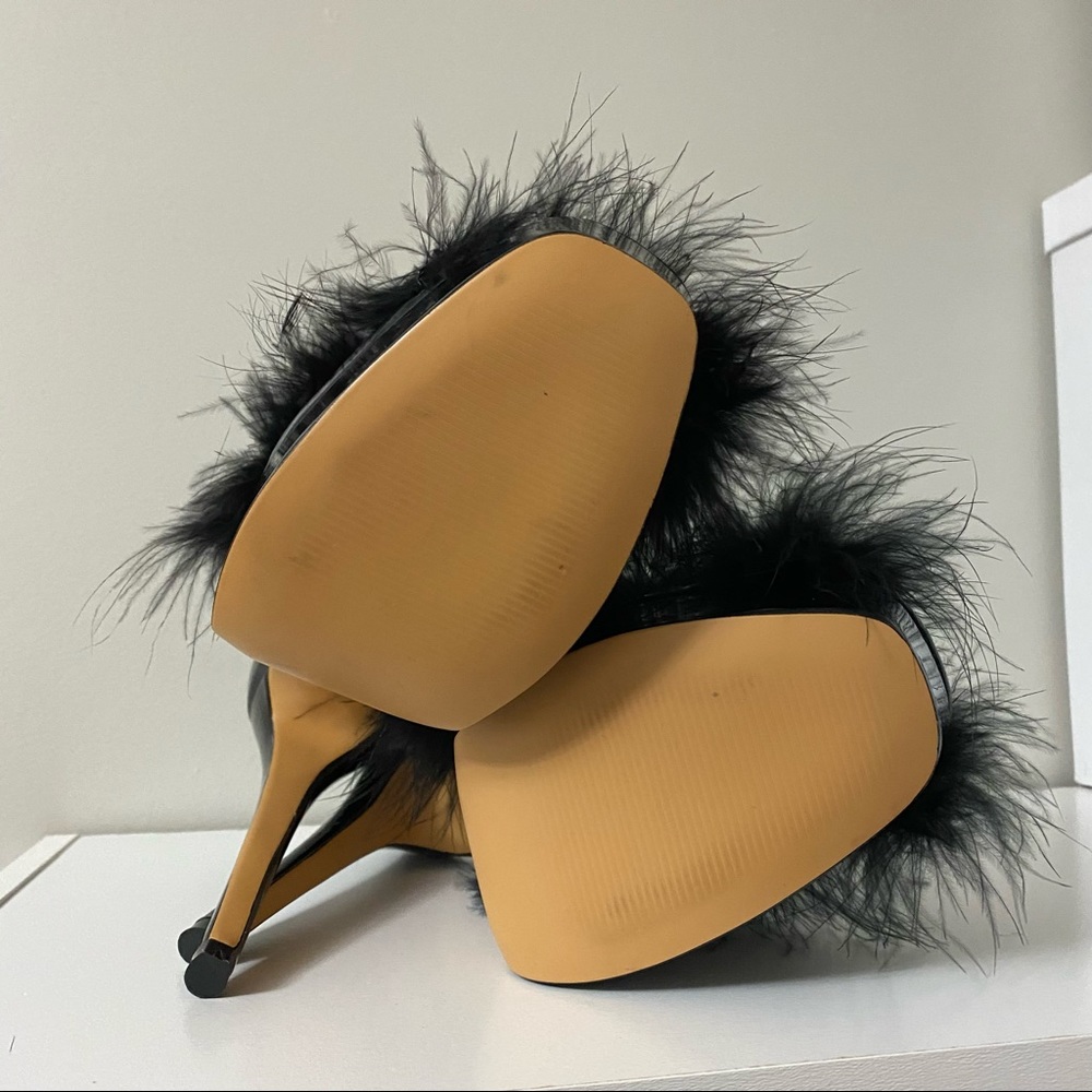 Black Patent Maribou Feather Mules Dancer Heels 41 Boudoir - Picture 6 of 6